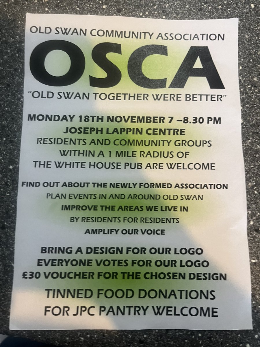 <a href="/barbudosjay/">KallTheKops</a> Any #oldswan and area residents come and see what the old swan community association is about, design our logo, 
Bring tins for Joseph lappin pantry 
“OLDSWAN together we’re better “
Monday 18/11. 19:00