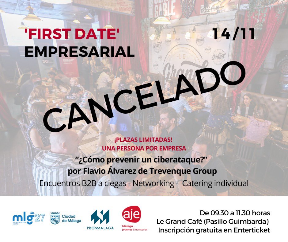 🚨 Las circunstancias climáticas y sus consecuencias nos obligan a cancelar nuestro #FirstDateEmpresarial, previsto para mañana, un exitoso evento que celebramos en colaboración con <a href="/promalaga/">Promálaga</a>.

¡Os informaremos de nueva fecha próximamente!

Mucha precaución.