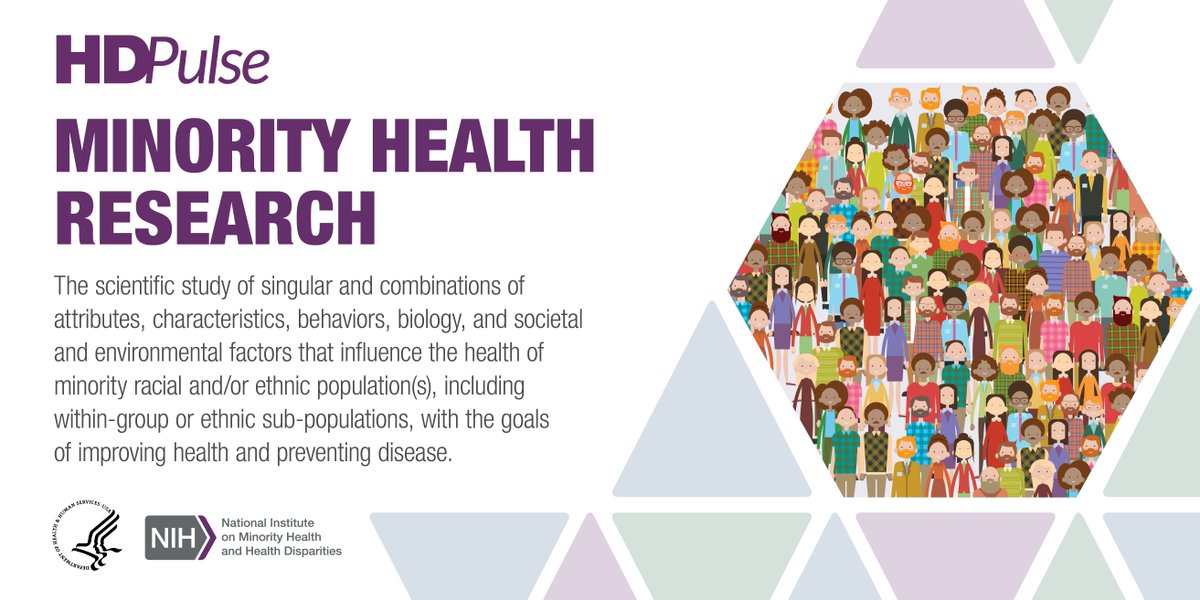 NIMHD's tweet image. What is minority health research? Visit #HDPulse to learn more about this scientific discipline and to access data and research publications on interventions that can help improve #MinorityHealth and reduce health disparities. bit.ly/4cIuuPA