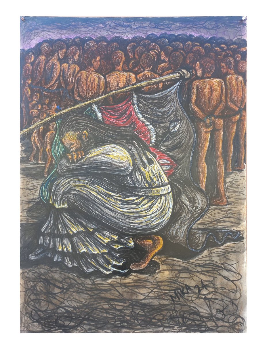 Title: Toxic Cult
Medium: Charcoal and Pastel on paper

Artwork describing toxic Masculinity as a cult that is oppressing women. 
Using nudity to show vulnerabulity of men. Using The Kenyan flag touching the ground to represent a falling nation because the Woman is being abused.