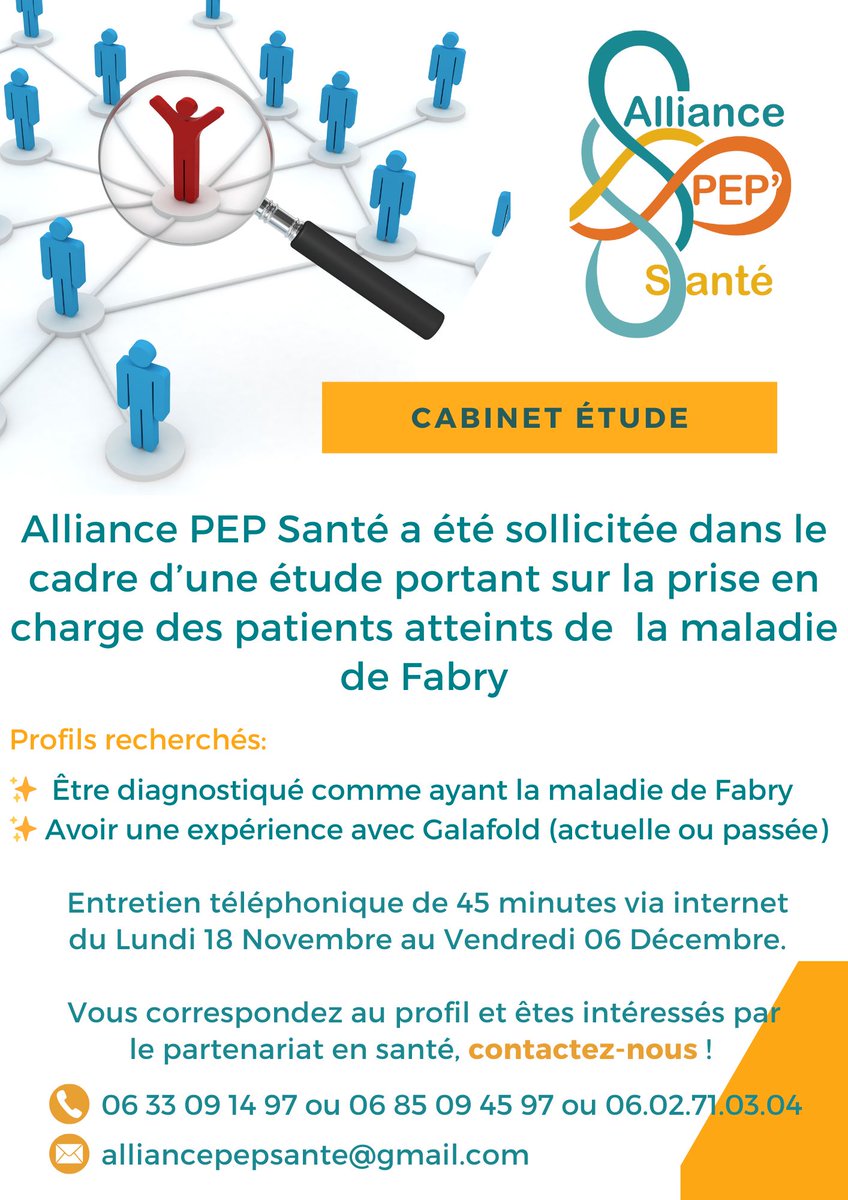 Alliance PEP Santé (@alliancepeps) on Twitter photo #recherche #patient #maladiedefabry 5 patients sont recherchés avec cette pathologie pour participer à une #étude sur la prise en charge liée à cette #pathologie.
Si vous correspondez au profil, merci de nous contacter alliancepepsante@gmail.com. Merci de partager et de diffuser. #recherche #patient #maladiedefabry 5 patients sont recherchés avec cette pathologie pour participer à une #étude sur la prise en charge liée à cette #pathologie.
Si vous correspondez au profil, merci de nous contacter alliancepepsante@gmail.com. Merci de partager et de diffuser.