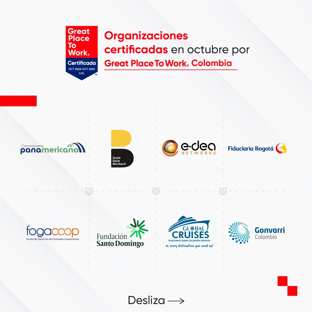 GPTW_Colombia's tweet photo. 😀 Hoy reconocemos a las organizaciones que obtuvieron su Certificación en el mes de octubre.
🙌 ¡Sigamos trabajando juntos en la gestión del #AmbienteLaboral!

¿Te interesa certificarte con nosotros?
Conversemos en: https://t.co/Q8wG4XeDLT

#RH #RRHH #Colombia #RecursosHumanos https://t.co/vvVGqWtzEM