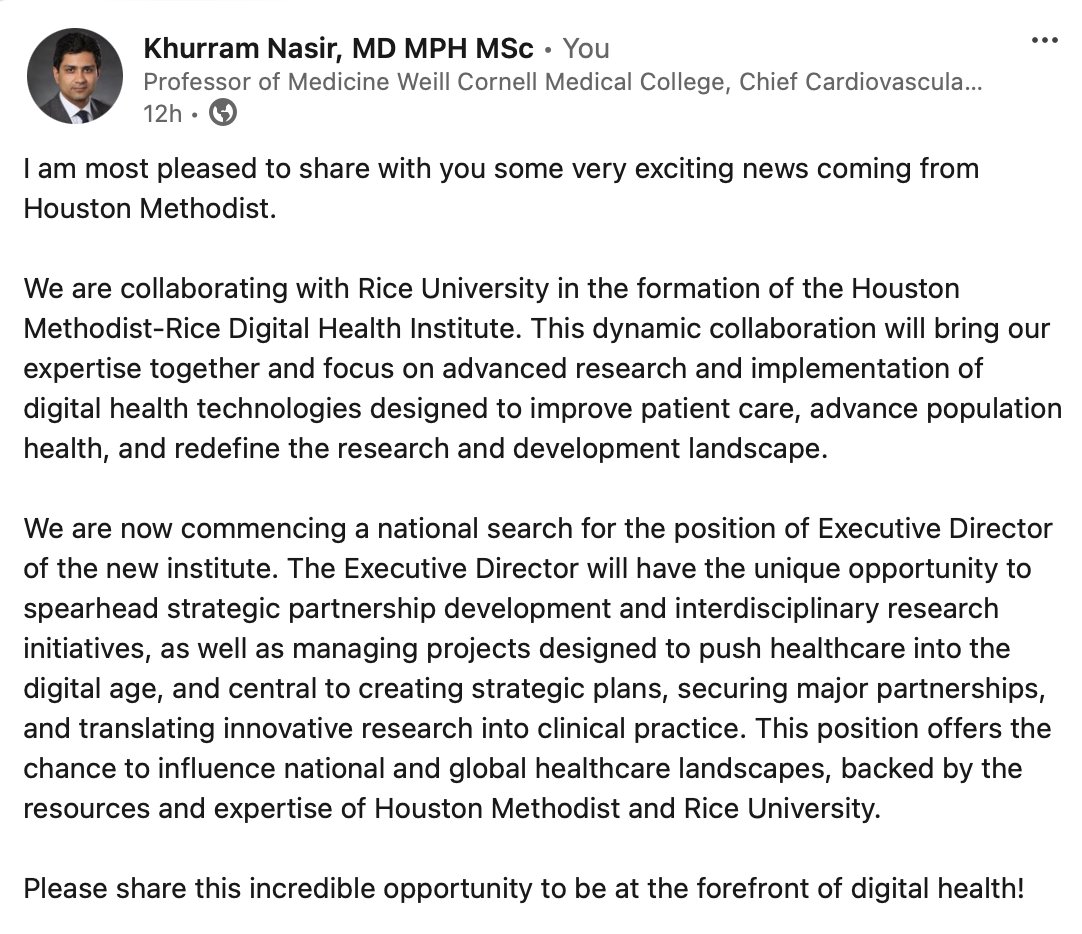 Khurram Nasir (@khurramn1) on Twitter photo We're partnering with <a href="/RiceUniversity/">Rice University</a> to launch Houston Methodist-Rice Digital Health Institute, focused on transforming patient care & population health through digital innovation
Seeking an Executive Director to lead this groundbreaking initiative!
emdz.fa.us2.oraclecloud.com/hcmUI/Candidat… We're partnering with <a href="/RiceUniversity/">Rice University</a> to launch Houston Methodist-Rice Digital Health Institute, focused on transforming patient care & population health through digital innovation
Seeking an Executive Director to lead this groundbreaking initiative!
emdz.fa.us2.oraclecloud.com/hcmUI/Candidat…