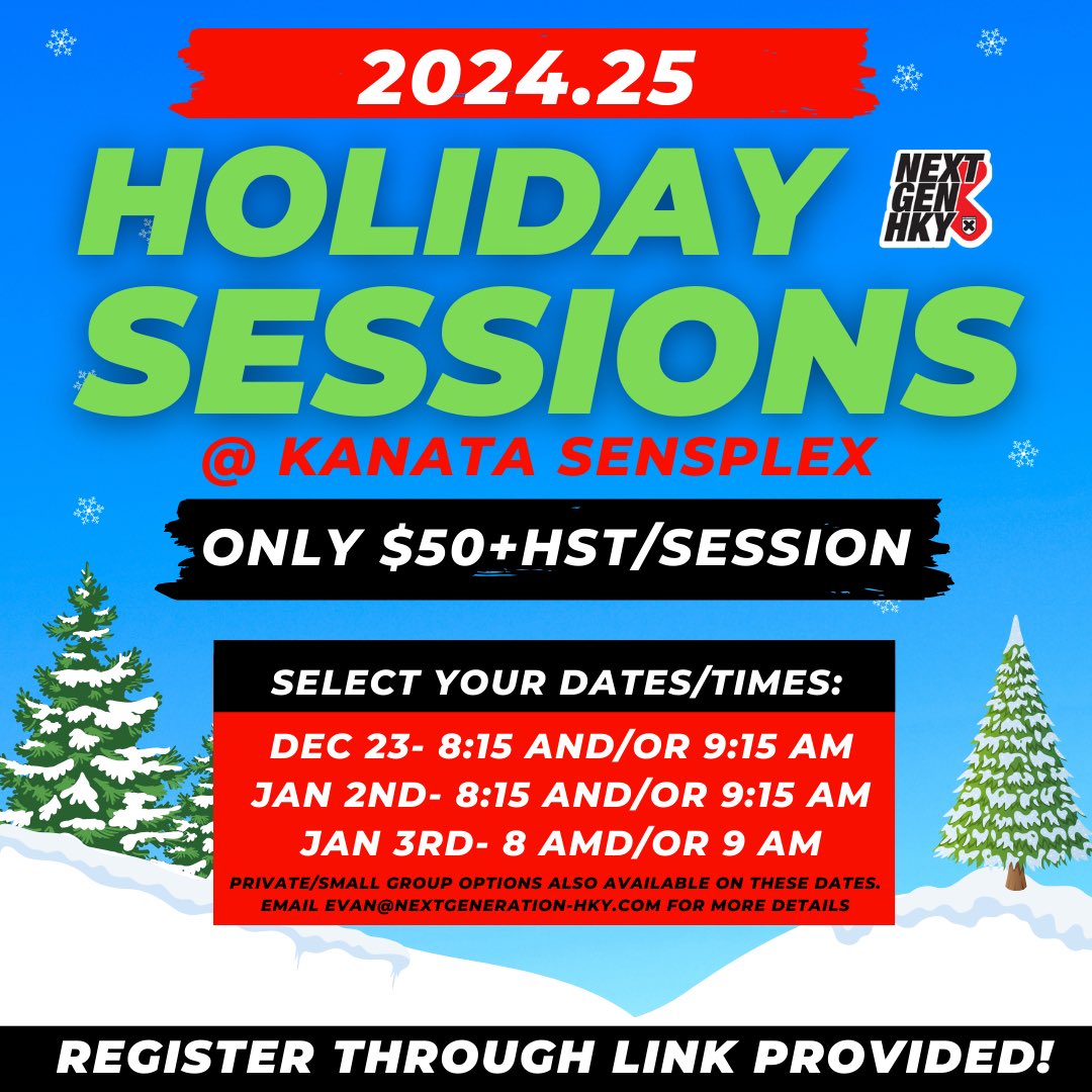HOLIDAY CAMPS 🌲 

Our holiday sessions are now online and available for registration!

➡️ nextgeneration-hky.com/SpecialtyCamps

PS- Small Group and private options also available Dec 23 and Jan 2 &amp; 3. Email evan@nextgeneration-hky.com for more details!