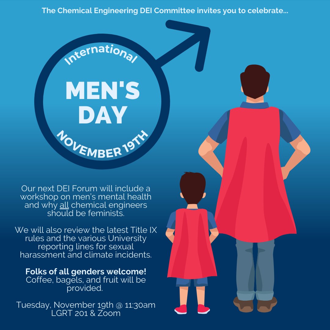 Our next DEI Forum will include a workshop on men’s mental health and why all chemical engineers should be feminists.

When: Tuesday, November 19th @ 11:30am
Where: LGRT 201 &amp; Zoom

<a href="/ThatAnnaMarie/">Dr. Anna Marie LaChance</a> 
<a href="/TheKulkarniLab/">Ashish A. Kulkarni</a> 
@umassengin