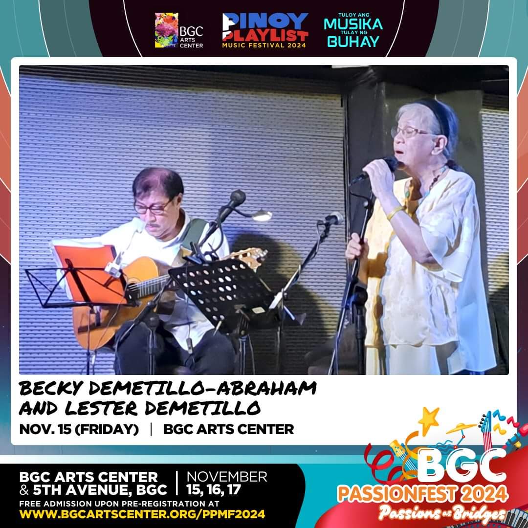 AstarteAbraham's tweet photo. Catch my mom,Inang Laya vocalist,Becky Demetillo-Abraham&amp;uncle,guitarist Lester Demetillo,at the #PinoyPlaylistMusicFestival 2024,Globe Auditorium,Maybank Performing Arts Theater,#BGCArtsCenter on Fri.,Nov.15, 2024,6-6:45 PM. Free admission. https://t.co/EOQkhbOtNY  #PPMF2024 https://t.co/u2HyFgTWmY