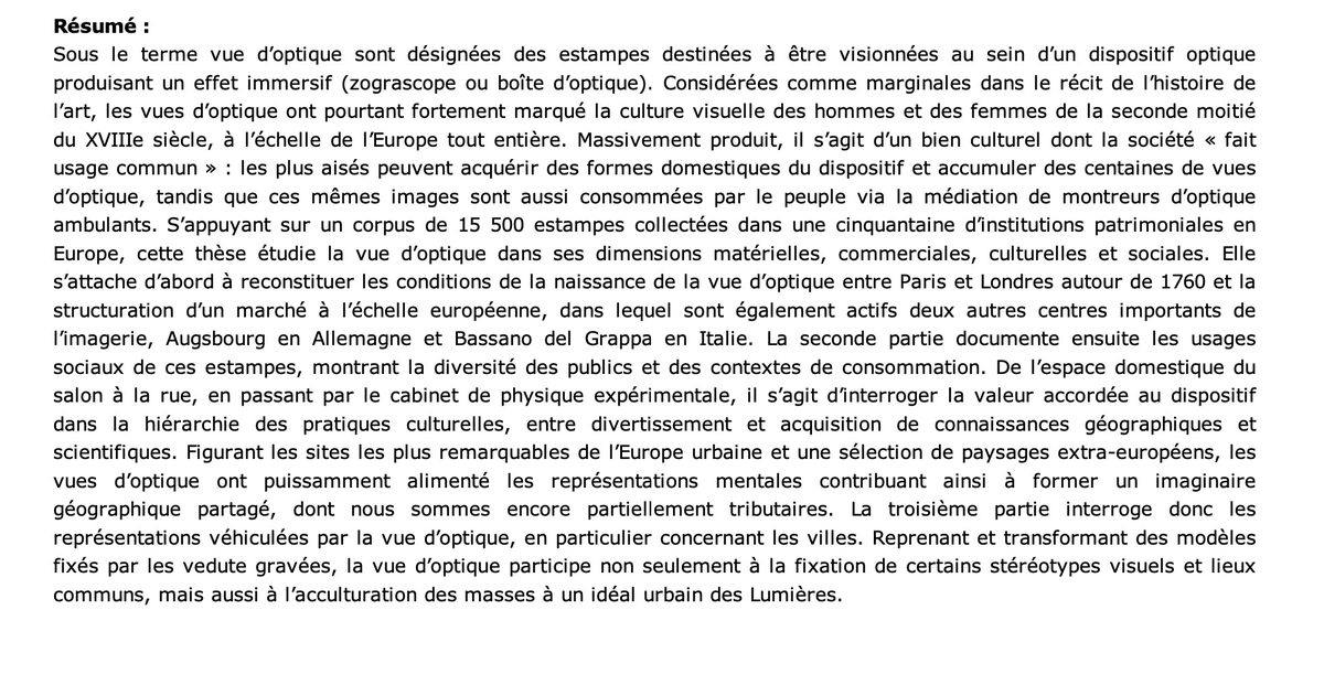 J'ai le plaisir de vous annoncer que la soutenance de ma thèse aura lieu le 6 décembre 2024 après-midi, à la MSH de Lyon.   
Il sera question de vues d'optique, d'estampes et d'imaginaires urbains.