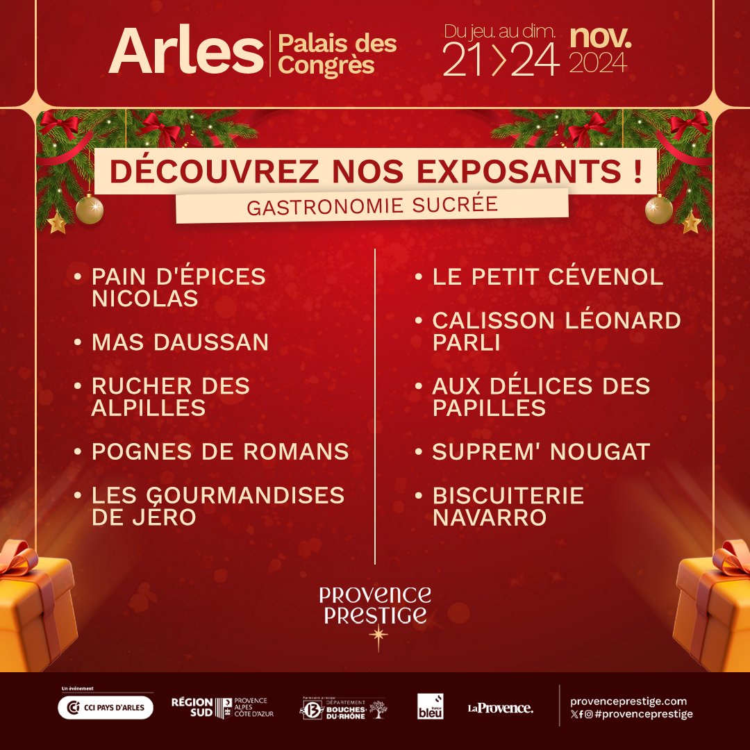 Provence Prestige 2024 : Découvrez nos exposants ! 🎉

Rendez-vous du jeudi 21 au dimanche 24 novembre au Palais des Congrès Arles, pour découvrir l'artisanat provençal 

#ProvencePrestige #GastronomieSucree #MadeInProvence #Arles #ÉvénementLocal