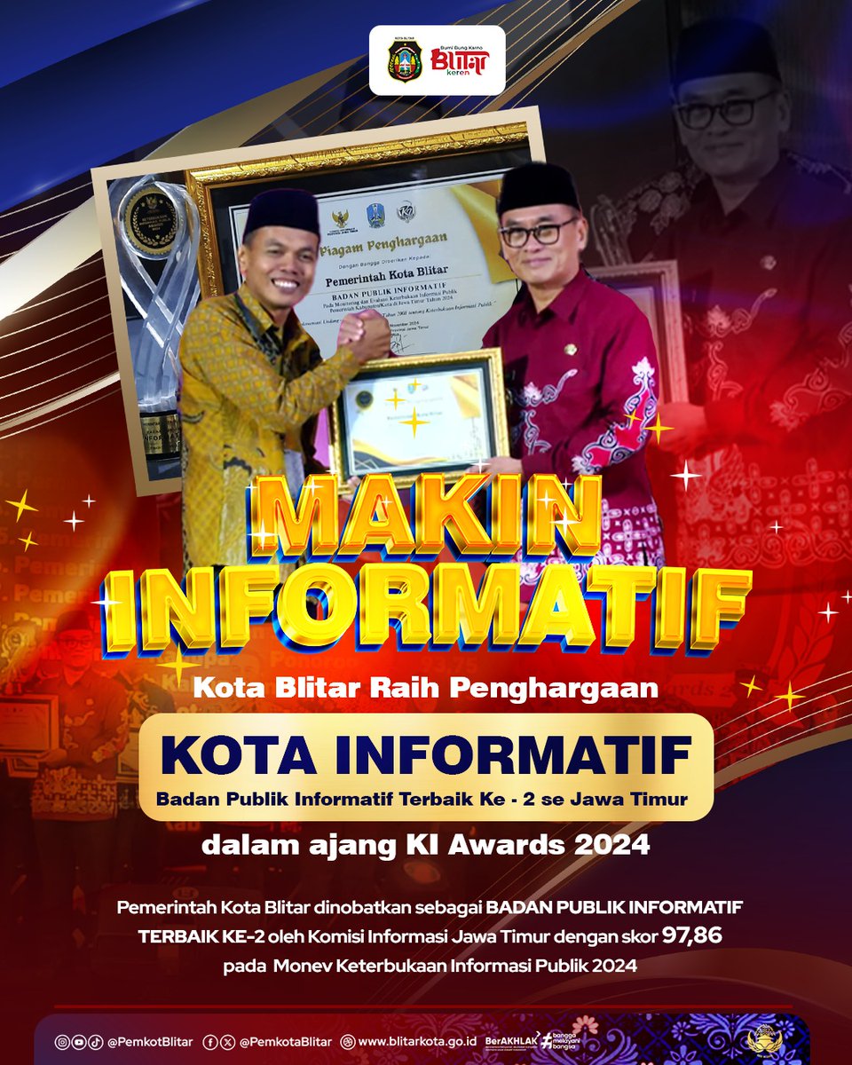 #DulurKotaBlitar Pemerintah Kota Blitar melalui PPID meraih penghargaan sebagai Kota Informatif Peringkat Kedua se-Jawa Timur. Selengkapnya baca di blitarkota.go.id