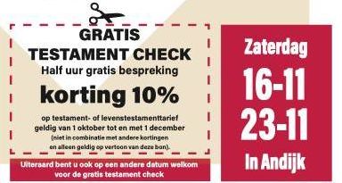 𝗞𝗢𝗠 𝗢𝗠 '𝗡 𝗞𝗢𝗣𝗣𝗜𝗘 𝗩𝗢𝗢𝗥 𝗘𝗘𝗡 𝗚𝗥𝗔𝗧𝗜𝗦 𝗧𝗘𝗦𝗧𝗔𝗠𝗘𝗡𝗧𝗖𝗛𝗘𝗖𝗞 ☕ 
Laat je testament gratis checken op zat 16 of 23 november op ons kantoor in #Andijk. Maak wel even een afspraak. De koffie staat klaar! #testamentcheck #notarisandijk #notariswestfriesland