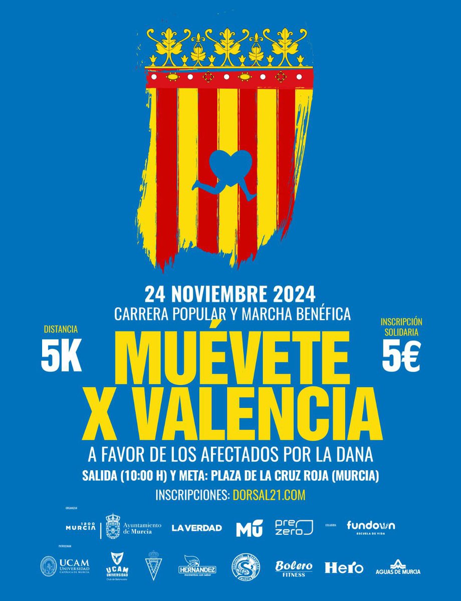 🏃‍♂️💙 Muévete X Valencia

¡Participa en la carrera y marcha benéfica para ayudar a los afectados por la DANA!

📅 24 de noviembre
➡️ Distancia: 5K
🕙 10:00h.
📍 Salida y meta: Plaza de la Cruz Roja
💰 Inscripción solidaria: 5€

Puedes ver inscribirte en dorsal21.com