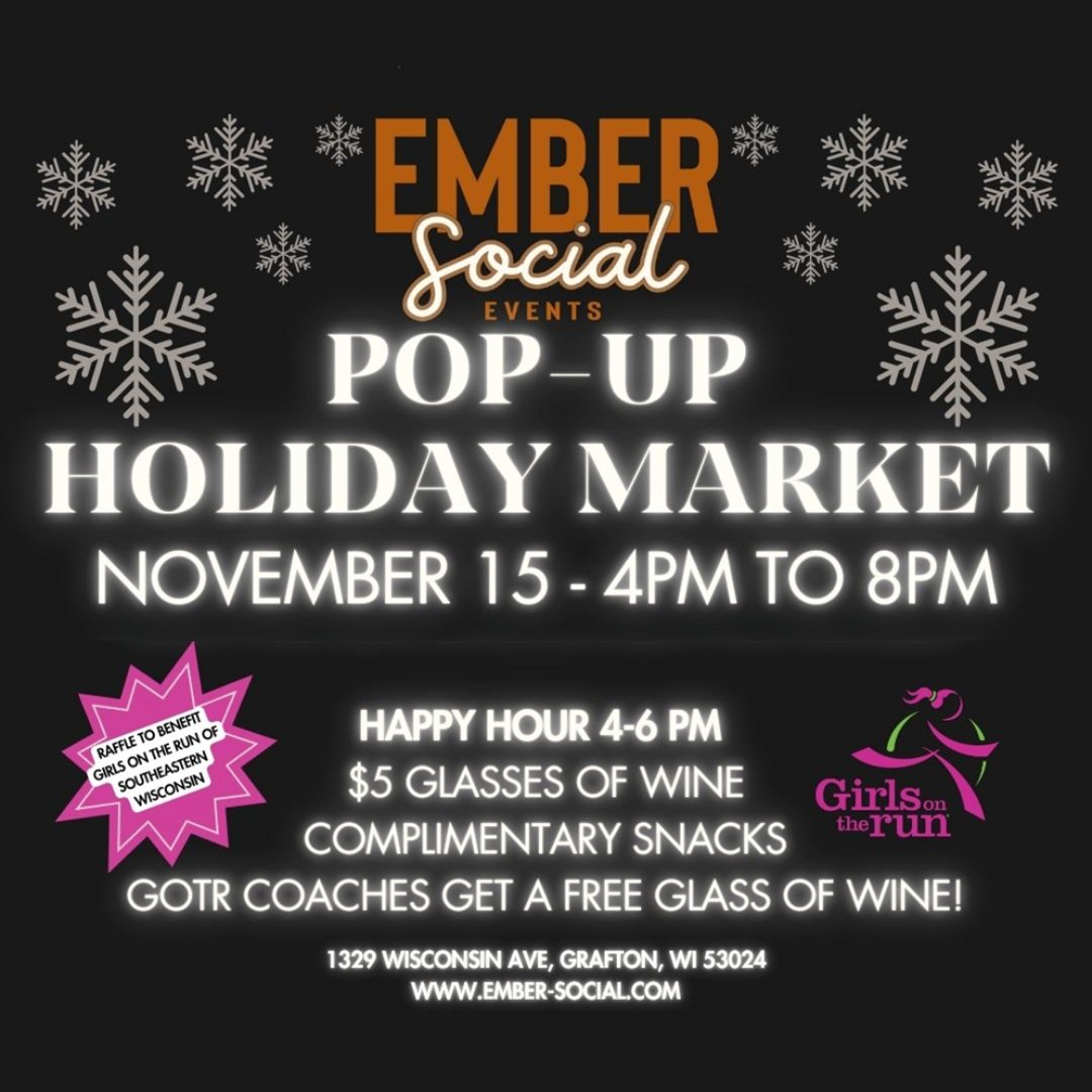 GOTRsewi's tweet photo. Attend the 1st Pop-Up Holiday Market at Ember Social in Grafton this Friday! 🛍️ Visit various vendors and enter a raffle that will benefit Girls on the Run for a chance to win different prizes!  

Learn more here: https://t.co/usR72OlL4l https://t.co/lxNbUiM8tb