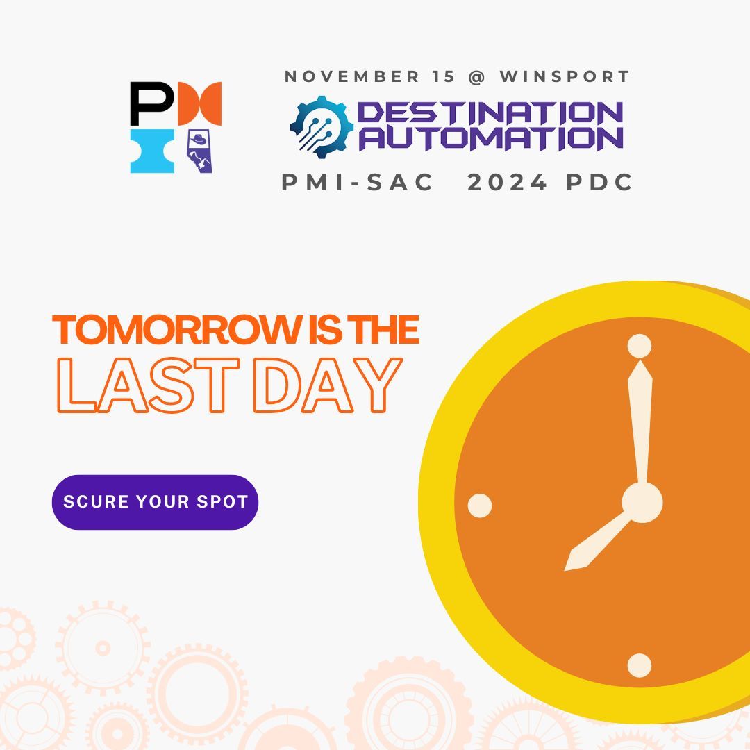 pmi_sac's tweet image. 🔥 Time is Running Out! 🔥
Tomorrow is the FINAL DAY to secure your #PDC2024 tickets! ⏰ Don’t miss out on a day of knowledge, networking, and inspiration.
🗓️ Nov 15, 2024
📍 WinSport Centre
🔗 Register now: buff.ly/3XDV4nv
Act fast—don’t miss this!
#PMISAC #YYC #Calgary