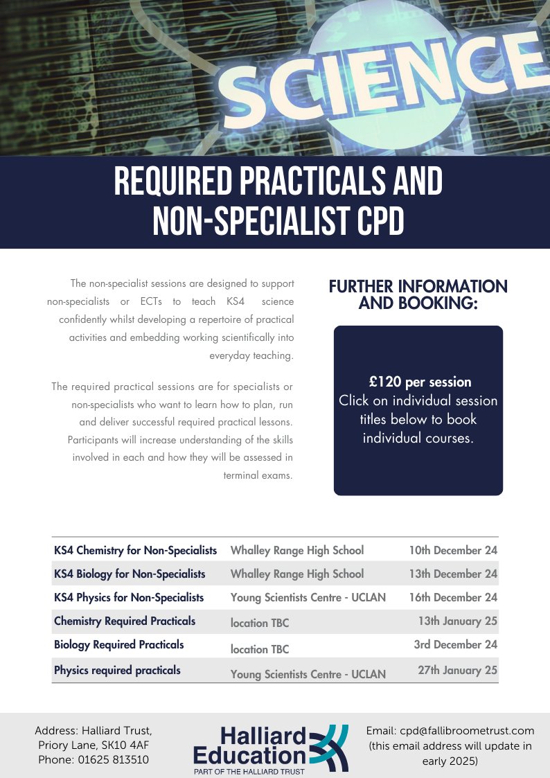 @STEM_HalliardEducation (@stem_halliarded) on Twitter photo 🚨Not long to sign up to our Required Practicals and Non-Specialist CPD
🤩 Join us at <a href="/wrhs1118/">Whalley Range 11-18 High School</a> & <a href="/YSCUCLan/">The UCLan & Ri YSC</a>
over the next 2 months
💱£120.00 per session.
✍🏻Sign up here eventbrite.co.uk/e/required-pra… 🚨Not long to sign up to our Required Practicals and Non-Specialist CPD
🤩 Join us at <a href="/wrhs1118/">Whalley Range 11-18 High School</a> & <a href="/YSCUCLan/">The UCLan & Ri YSC</a>
over the next 2 months
💱£120.00 per session.
✍🏻Sign up here eventbrite.co.uk/e/required-pra…