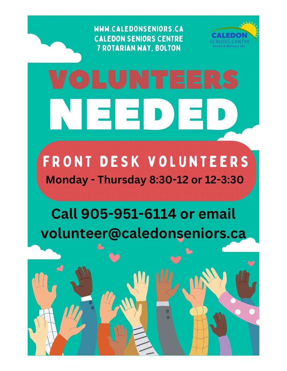 We’re looking for mature front desk volunteers to help out at the Caledon Seniors' 55 + Centre. You would be answering phones, using the computer, using the payment machine, handling cash and have a friendly personality!
please send us a DM or give us a call ☎️ 905-951-6114
