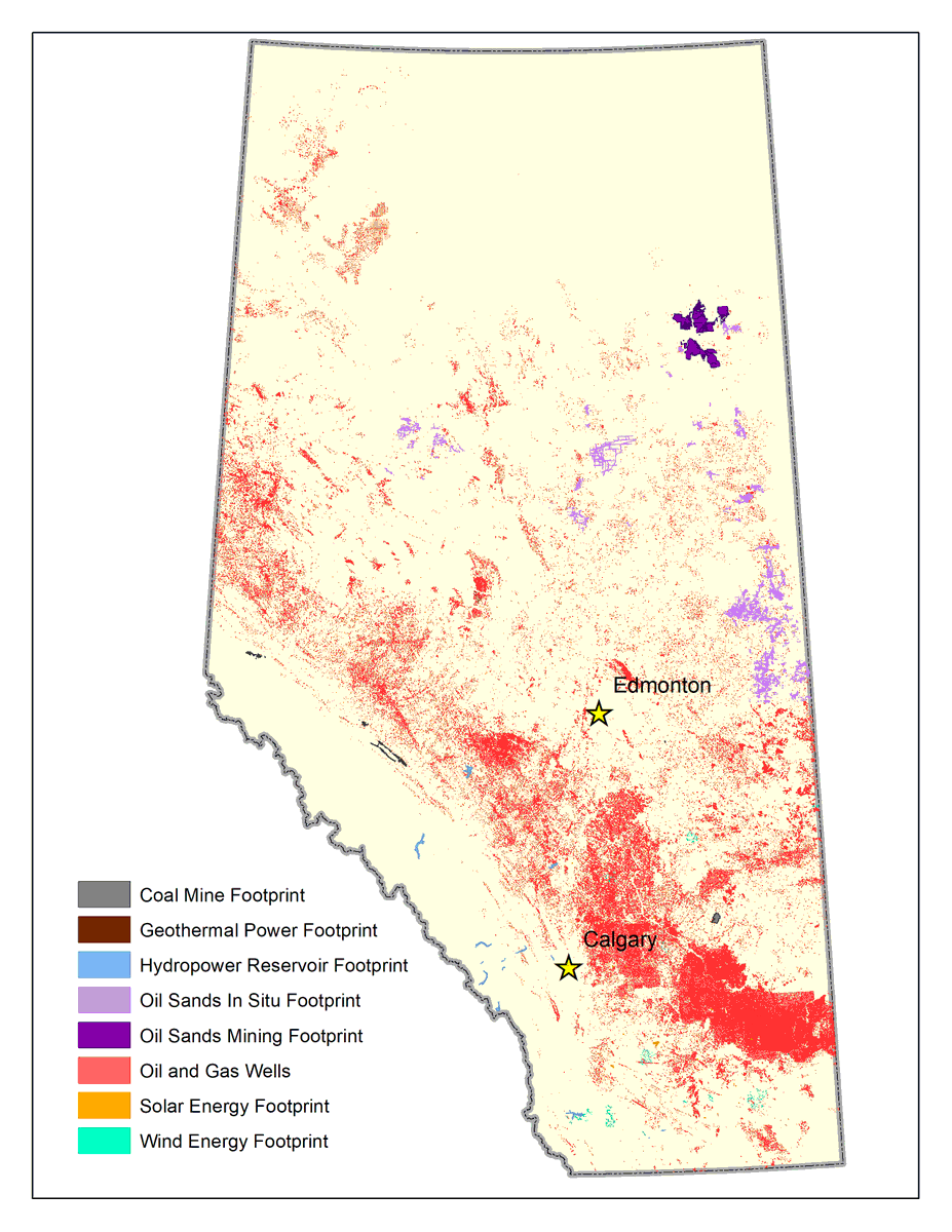 We mapped out the footprint for every #energy sector in #Alberta. To no one's surprise there is a big presence of Oil and gas wells, and oil sands (in situ and mining) on the landscape. This is what it looks like 👀 👉
