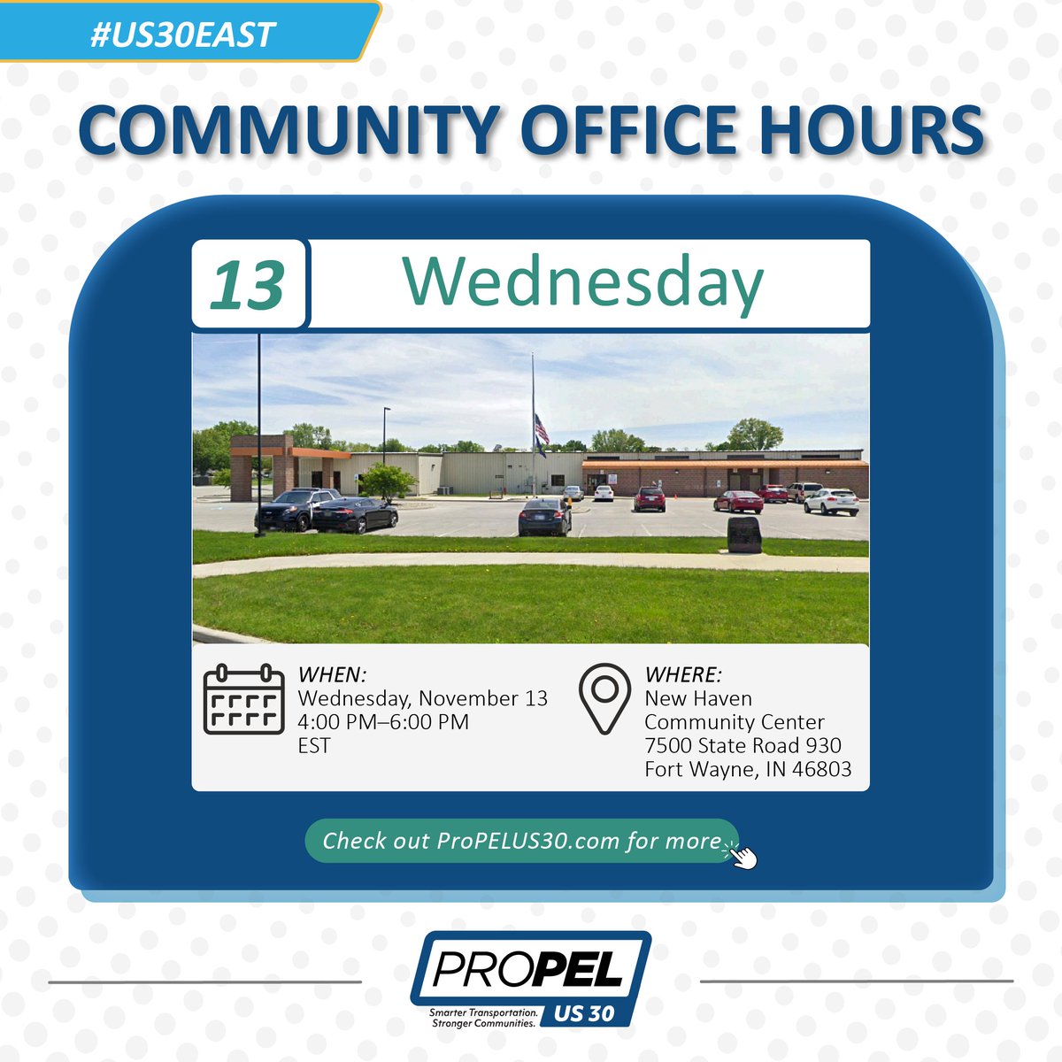 PropelUS30's tweet photo. Do you have any questions about the Draft Level 3 Report? Today, Wednesday, November 13, we are hosting Community Office Hours at the New Haven Community Center in #FortWayne from 4-6 p.m. ET! Join us to address all your comments and questions about the draft report. https://t.co/qGlyQ8kjVV