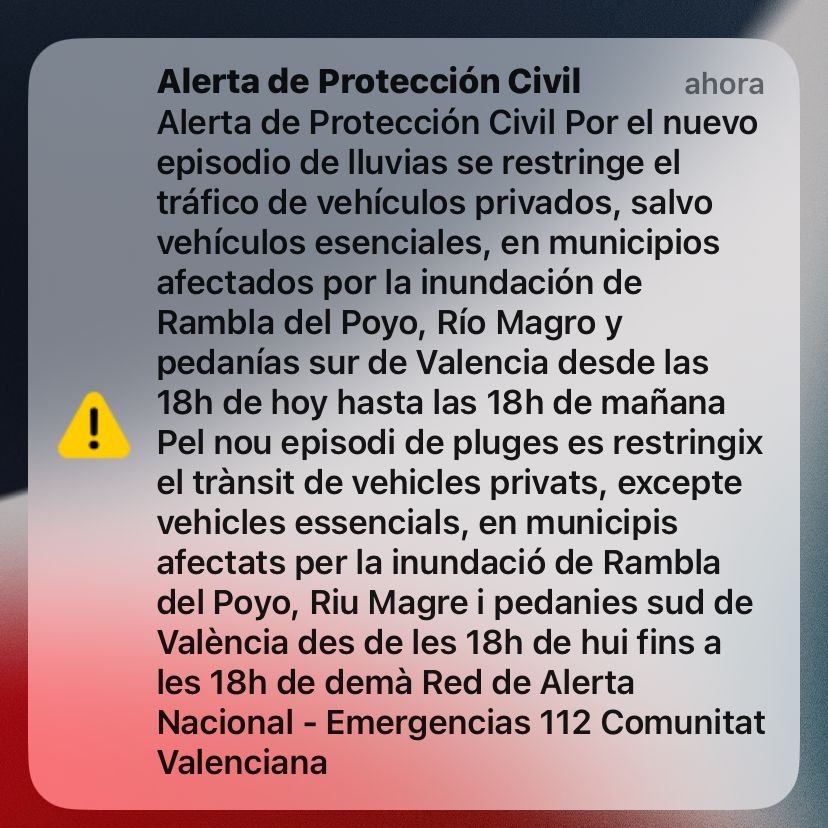📲La <a href="/generalitat/">Generalitat</a>, a través del Centro de Coordinación de Emergencias, ha enviado un mensaje de Es-Alert en el que traslada a la población las restricciones al tráfico de vehículos privados en los municipios afectados por las inundaciones de Rambla del Poyo, Río Magro y pedanías