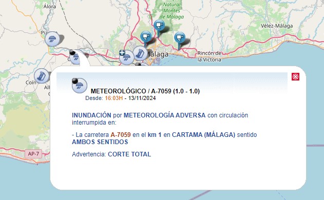 #ÚltimaHora 
Carreteras cortadas por la #DANA 
🚫 A-385 pk 4 Alhendín y La Malahá
🚫 A-7059 pk 1 al 1,5 Cártama
🚫 A-7054 pk 1,6 al 2 Málaga
🚫 A-7000 PK 8 Málaga
🚫 A-7207 PK 9,6 entre Cómpeta y Torrox

✅ REABIERTAS la A-7052 pk 4 Alhaurín de la Torre y la A-7204 pk en Periana