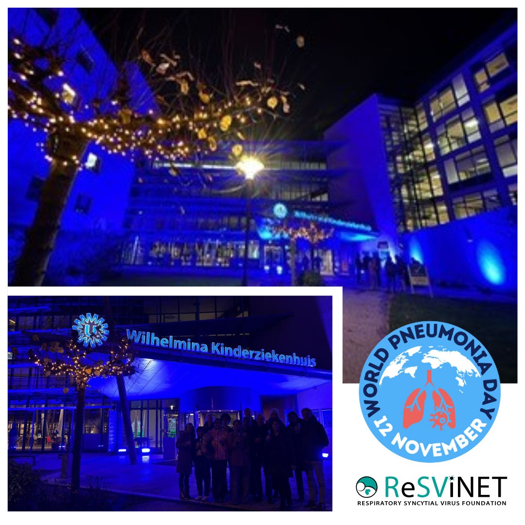 ReSViNET's tweet photo. Wilhelmina Children’s Hospital was illuminated in blue in recognition of World Pneumonia Day.  One of the leading causes of pneumonia in young children is caused by RSV.  A new 24/7 RSV Chatbot offers reliable info on symptoms and prevention. #WorldPneumoniaDay #ReSViNET https://t.co/pFqhcZIZnC
