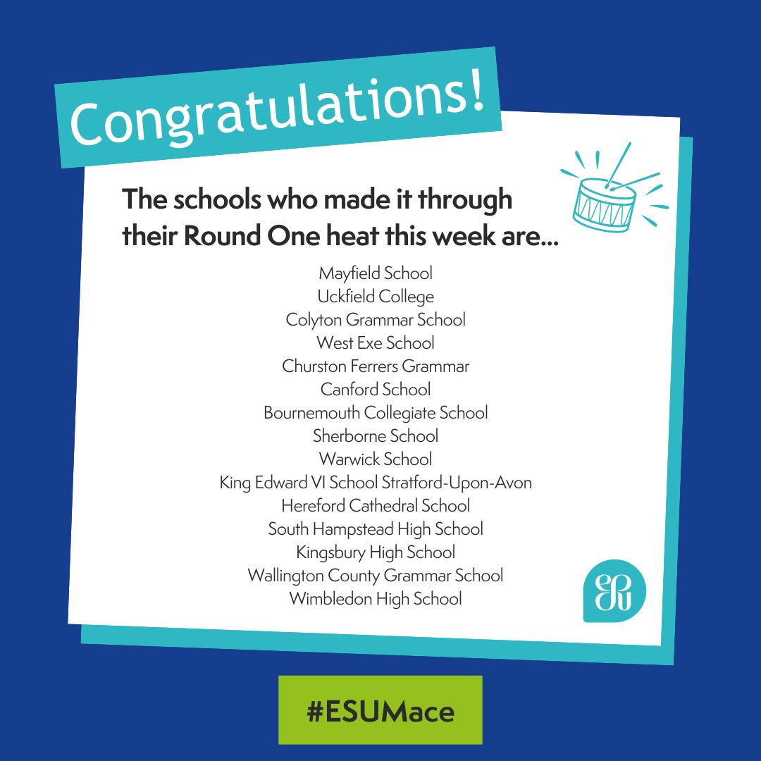 theESU's tweet photo. Congratulations to all of the schools who took part in their Round One Schools' Mace or Public Speaking Competition heat this week.
If you're ready to upgrade oracy in your school, head to https://t.co/bf1u4JOo78 to learn more about our CPD offer.
#ESUCompetitions #ESUCPD https://t.co/6V9XRdguCz