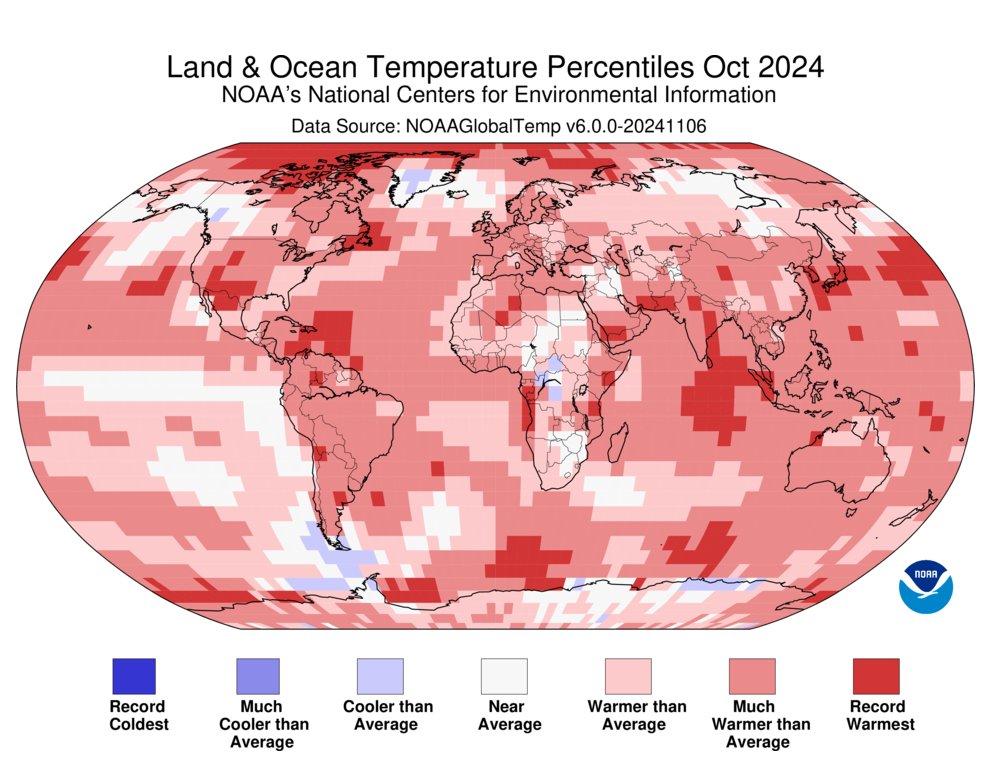 .<a href="/NOAA/">NOAA</a>: October 2024 was the world's second-warmest October on record. Get the latest global #October2024 #climate report: bit.ly/3Z0kxJs #StateOfClimate