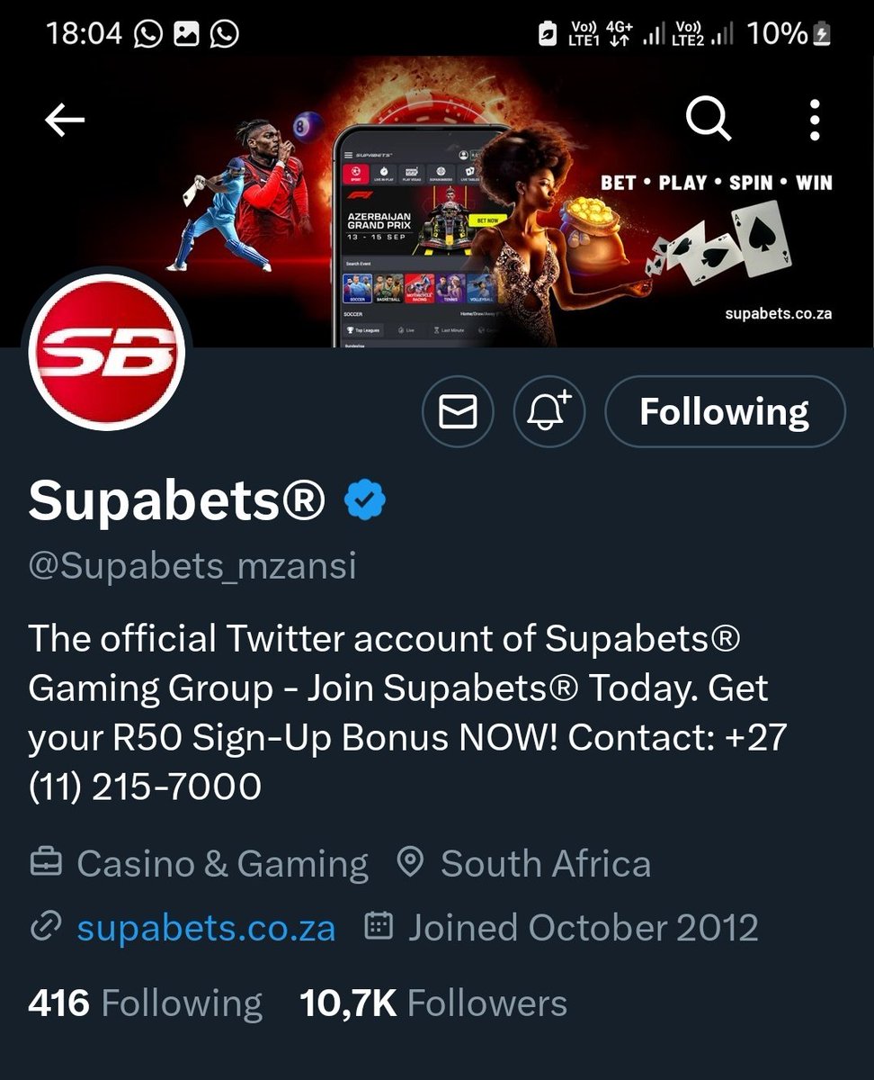 Ronewa_Mathephe's tweet photo. I'm not on Facebook but following here on Twitter and Instagram!
#Supabets #FollowForR150 https://t.co/Yr6eGDfBmQ