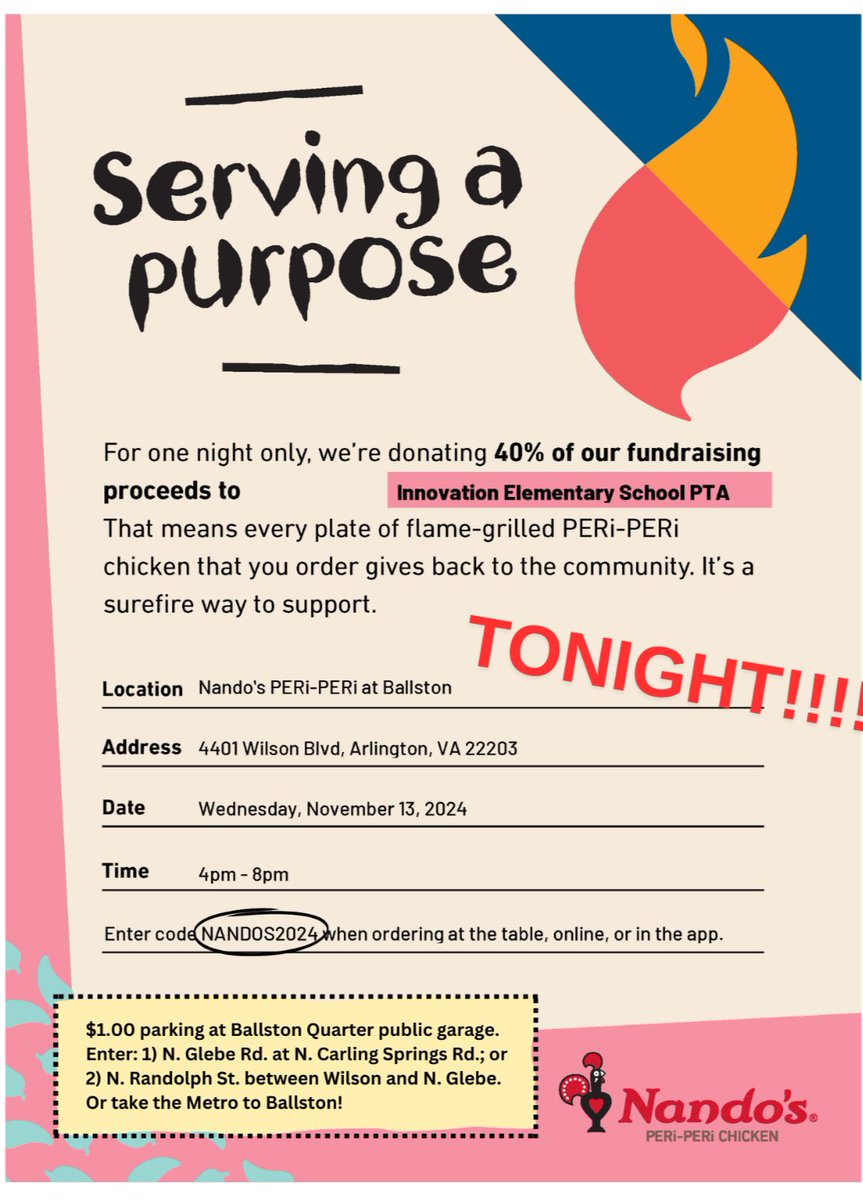 Innovation Elementary (@innovation_aps) on Twitter photo Today-11/13 a VERY generous giveback, 40% from Nando’s Peri-Peri Ballston. Dine-in or Carry Out. Use Coupon Code NANDOS2024 when ordering from 4-8pm. <a href="/APSVirginia/">Arlington Public Schools</a> <a href="/HuskyVolunteer/">InnovationVolunteers</a> <a href="/MrsPeters_APS/">Claire Peters</a> Today-11/13 a VERY generous giveback, 40% from Nando’s Peri-Peri Ballston. Dine-in or Carry Out. Use Coupon Code NANDOS2024 when ordering from 4-8pm. <a href="/APSVirginia/">Arlington Public Schools</a> <a href="/HuskyVolunteer/">InnovationVolunteers</a> <a href="/MrsPeters_APS/">Claire Peters</a>