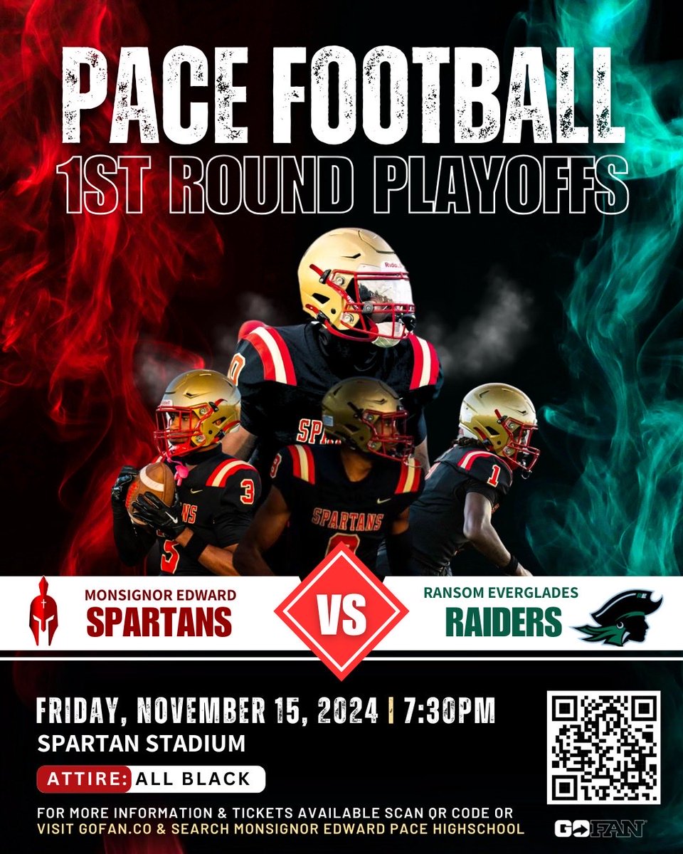 Come Out This Friday Night and Support Pace FB as we Host our 1st Round Playoff Game vs Ransom Everglades HS!! #2024 District Champs  #WHYNOTUS ⁦<a href="/PaceSpartansFB/">Monsignor Pace FB</a>⁩ ⁦<a href="/PaceSpartans/">Msgr. Pace High School</a>⁩