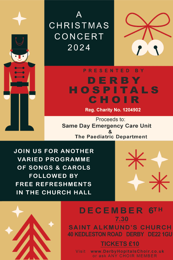 Christmas Concert  will be presented by Derby Hospitals Choir at St. Alkmund's Church, Derby on 06/12/2024 derbyartsandtheatre.org.uk/event/1065
