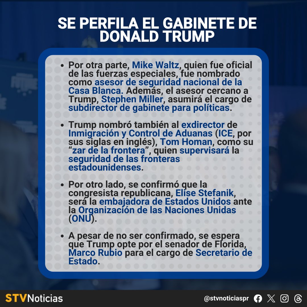 El presidente electo de los Estados Unidos, Donald Trump, comienza a formar su gabinete para cuando tome posesión en enero de 2025. Conoce a quiénes ha nombrado en #STVNoticias

✍️: Yarityazette Bonilla