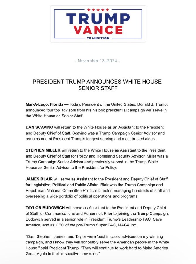 JamalibnAmin's tweet photo. ๐จ#BREAKING:President-elect Donald Trump reveals key members of his White House senior staff team!
Welcoming @DanScavino, @StephenM, @JamesBlairUSA, and @budowich to the administration. Big moves ahead!" #BreakingNews #TransitionTeam https://t.co/TPIs4d8yHf
