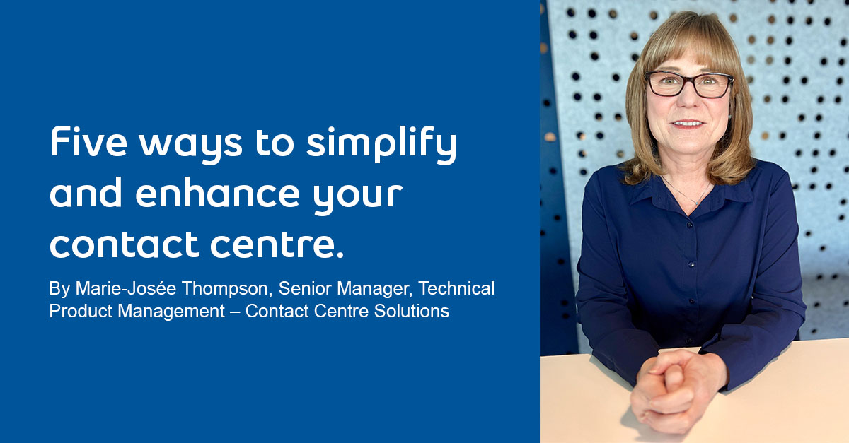 Bell_Business's tweet photo. Contact centres are evolving with #cloud and #AI. While this enables better experiences for agents and customers, it can also become more complex to manage. Here are 5 ways to simplify and improve your contact centre: https://t.co/4mf87WEF58 https://t.co/uUlJDS2fyv