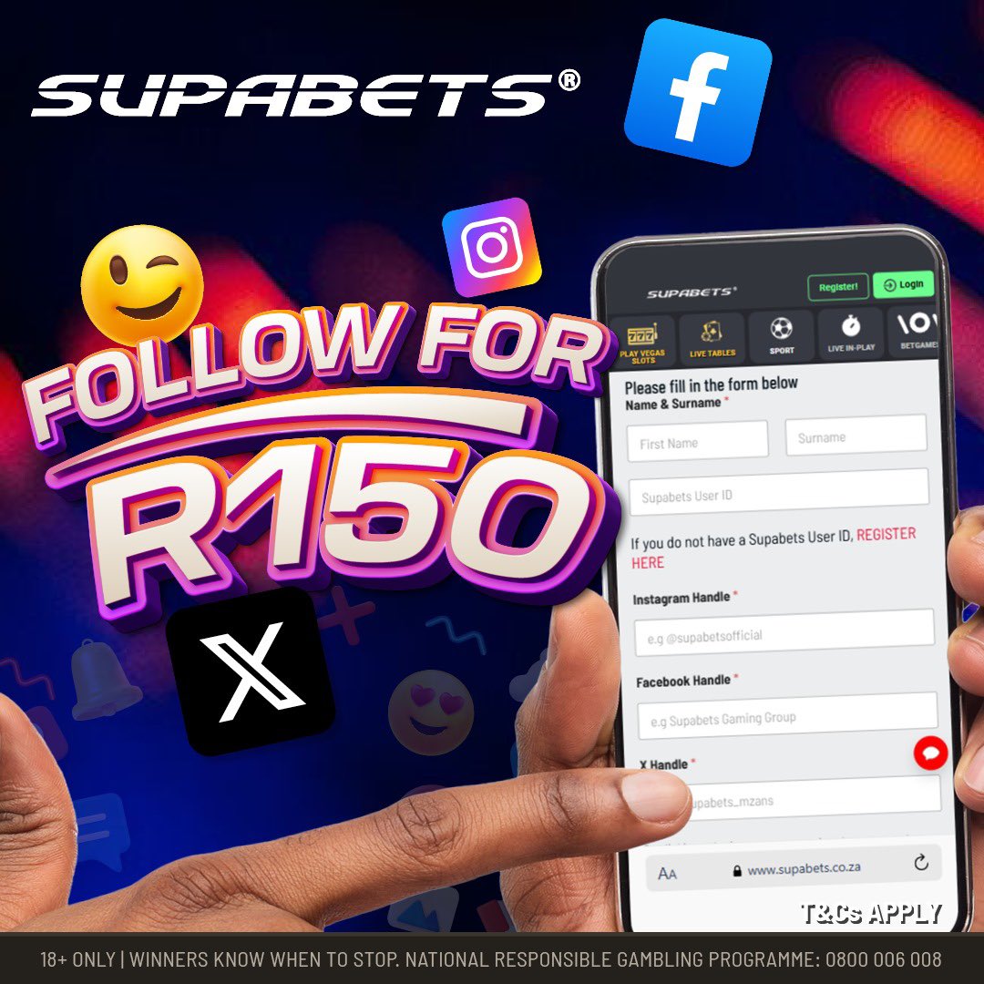caleb_njabulo's tweet photo. ๐ฅ Donโt miss this chance to earn R150 just for following @SupaBets!
R50 each for following them on Twitter, Instagram, & Facebook.
Claim your easy bonus now ๐ https://t.co/uv3QFEBPaM
#Supabets #FollowForR150 https://t.co/v5dmCVyuCZ