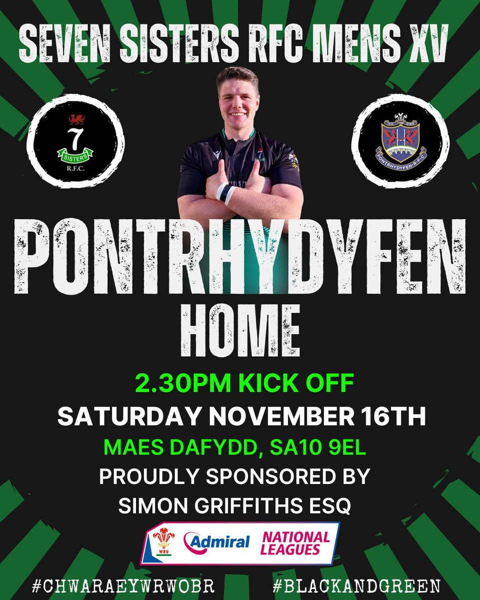SevenSistersRFC's tweet photo. This Saturday the Men's XV welcome Pontrhydyfen for the very first time! Although our Seconds XV have played each other many time over the years, we have no records of our 1XV playing. 

#blackandgreen #newrivalry https://t.co/kgbv9jSzfx