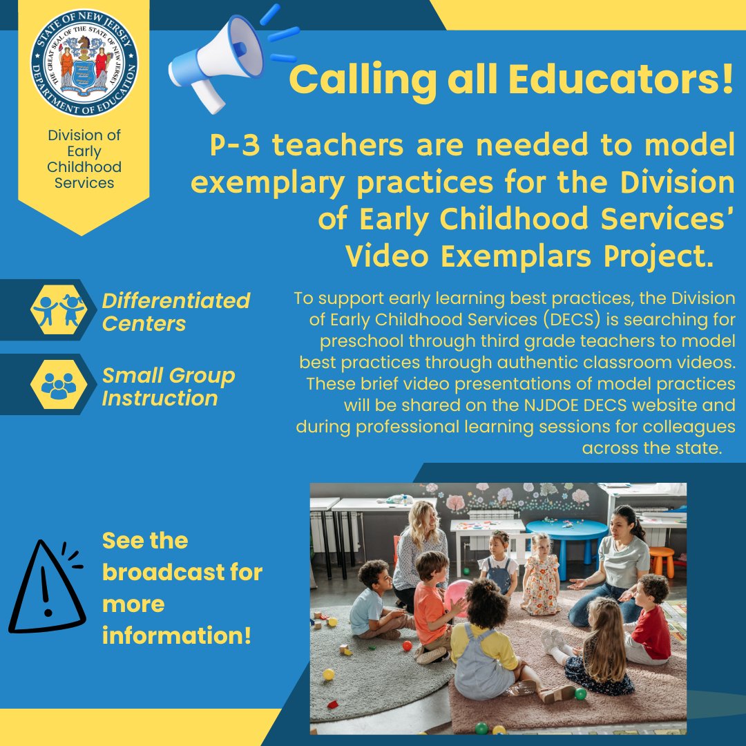 The Division of Early Childhood Services (DECS) is seeking model classroom videos from preschool-3rd grade teachers. Share your best practices and be featured on our website. Learn more: tinyurl.com/yj8z5pts#Early…