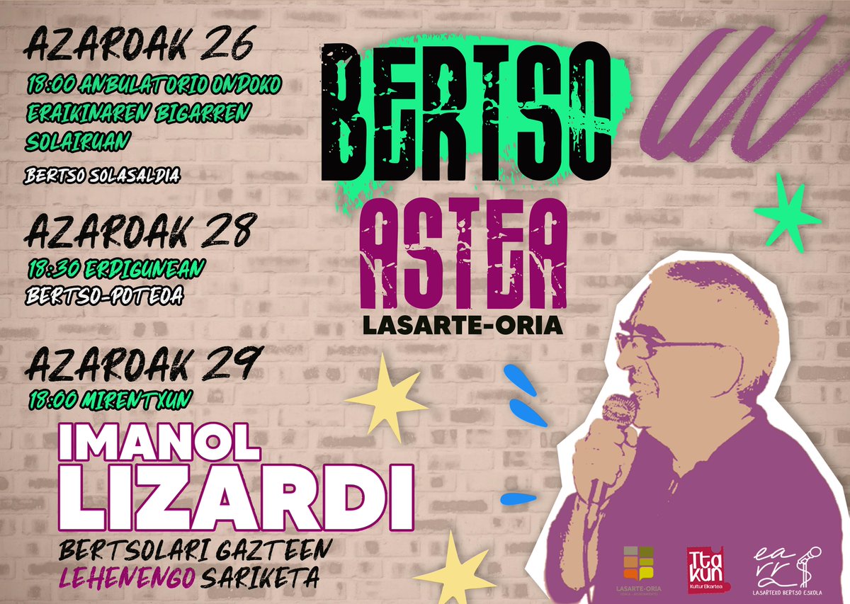 Bertso Astea prestatu dugu azaroaren 26tik 29ra: bertso solasaldia, bertso poteoa eta 18 eta 25 urte arteko bertsolarientzako I. Imanol Lizardi Sariketa izango ditu.

txintxarri.eus/lasarte-oria/1…

#bertsoastea #imanollizardisariketa #lasarteoria #kultura #euskara