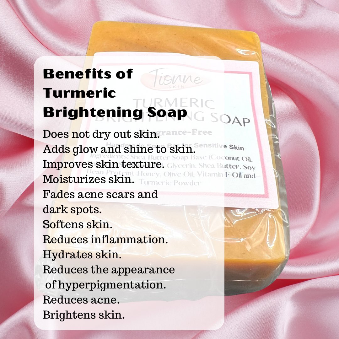 tionneskin's tweet photo. My Turmeric Brightening Soap is a gentle moisturizing all-natural soap

It helps to get rid of acne, dark spots, hyperpigmentation &amp; dark areas

Helpful for skin conditions such as eczema, psoriasis &amp; dermatitis since it helps to reduce inflammation on skin

-Evens out skin tone https://t.co/I9OccLUoeC