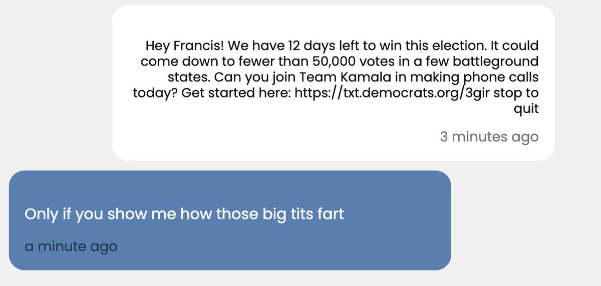 samimain's tweet photo. - was a text volunteer for the harris campaign, here is my favorite reply https://t.co/8bYY7qu3aa