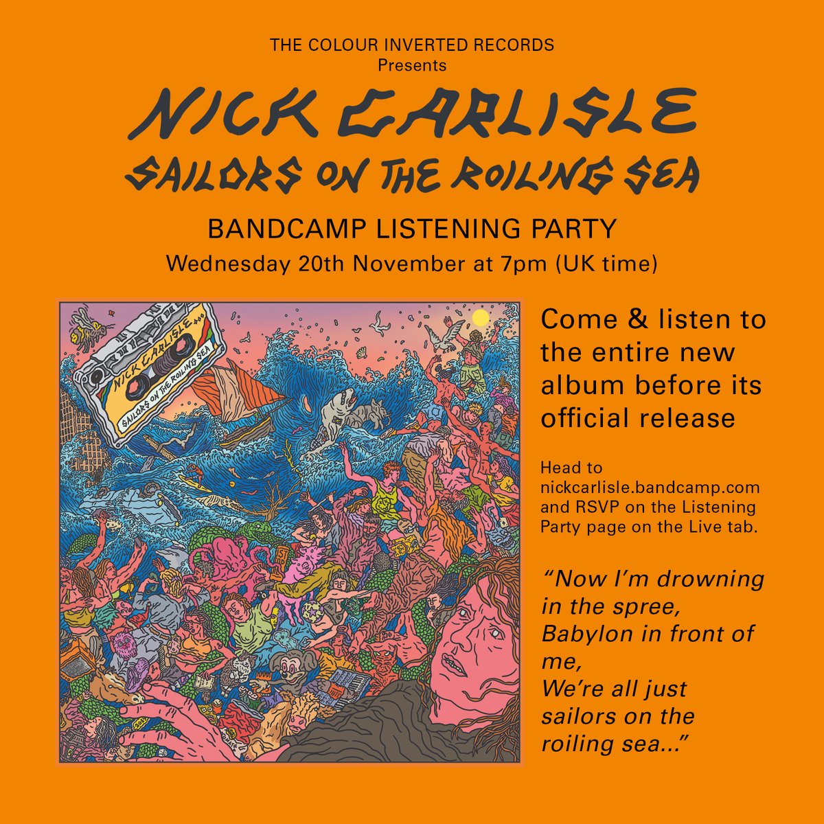 Only a week to go until the "Sailors On The Roiling Sea #bandcamp #ListeningParty ", next Weds 20.11.24 at 7pm GMT 🌊

RSVP: nickcarlisle.bandcamp.com/merch/sailors-…

<a href="/unsunghunger/">Unsung Hunger</a> <a href="/Bandcamp/">bandcamp</a> @churchrdstudios <a href="/MarcusHamblett/">Marcus Hamblett</a>