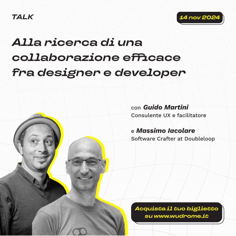 doubleloop (no one here, see you elsewhere) (@doubleloop_io) on Twitter photo Torna il #WUDRome incentrato sul tema Design for a Better World 🎉 Siamo molto felici che i nostri <a href="/iacoware/">Massimo Iacolare</a> e <a href="/Guido_Martini/">Guido Martini</a> saranno sul palco per condividere la loro esperienza di una collaborazione efficace tra design e sviluppo.🤜🤛
#doubleloop 💚💜 wudrome.it Torna il #WUDRome incentrato sul tema Design for a Better World 🎉 Siamo molto felici che i nostri <a href="/iacoware/">Massimo Iacolare</a> e <a href="/Guido_Martini/">Guido Martini</a> saranno sul palco per condividere la loro esperienza di una collaborazione efficace tra design e sviluppo.🤜🤛
#doubleloop 💚💜 wudrome.it