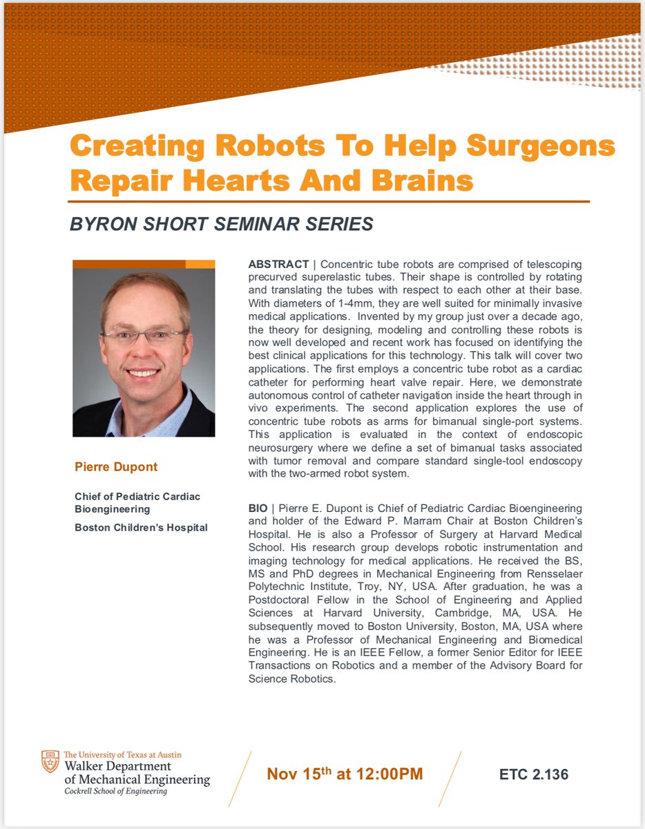 Farshid Alambeigi, PhD (@falambeigi) on Twitter photo Excited to have Dr. Pierre Dupont giving a talk at <a href="/utmechengr/">UT Mech Engineering</a> seminar series on Friday.
<a href="/texas_robotics/">Texas Robotics</a> <a href="/DellMedSchool/">Dell Medical School</a> <a href="/UTBiomedical/">Texas BME</a> <a href="/CockrellSchool/">Texas Engineering</a> Excited to have Dr. Pierre Dupont giving a talk at <a href="/utmechengr/">UT Mech Engineering</a> seminar series on Friday.
<a href="/texas_robotics/">Texas Robotics</a> <a href="/DellMedSchool/">Dell Medical School</a> <a href="/UTBiomedical/">Texas BME</a> <a href="/CockrellSchool/">Texas Engineering</a>