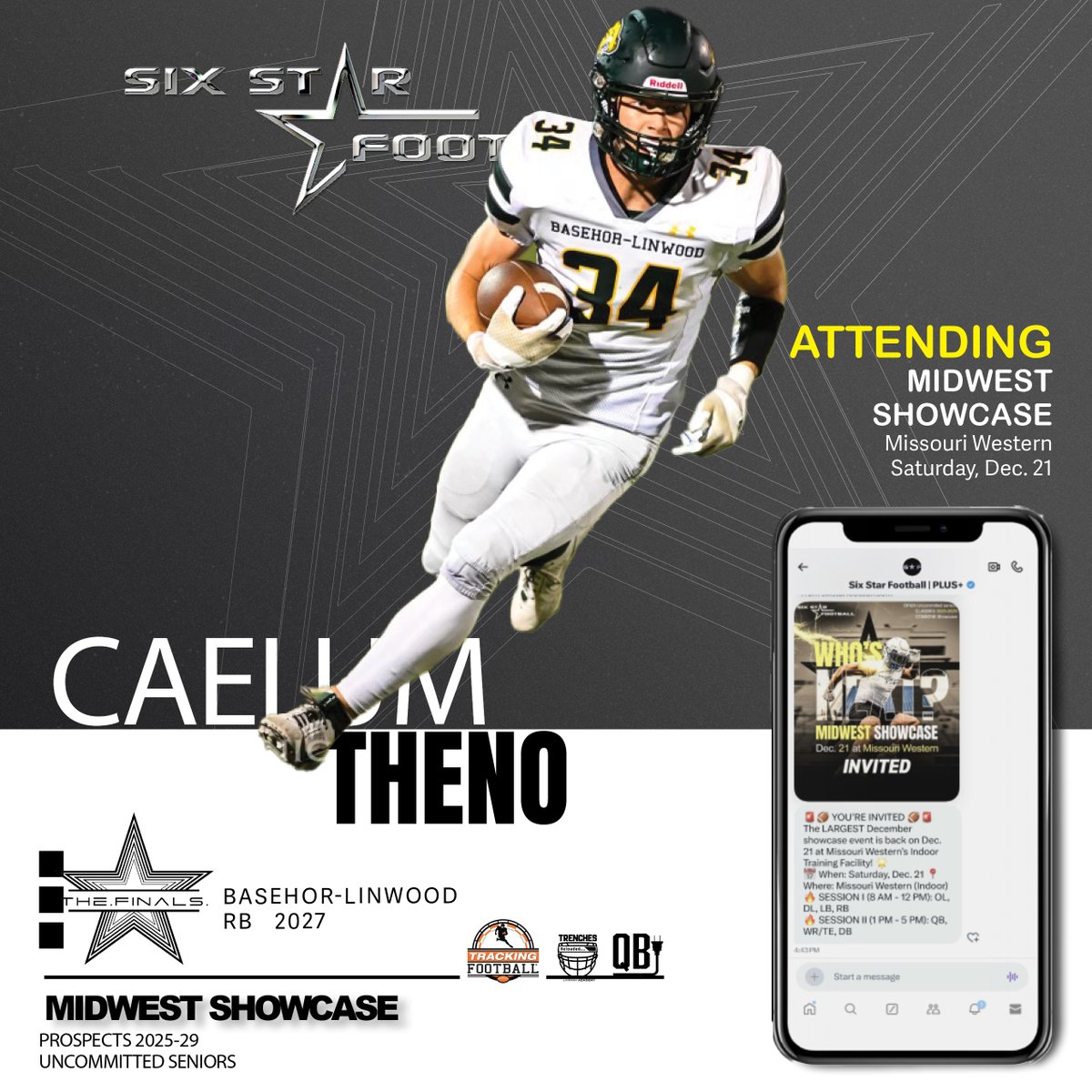 sixstarfootball's tweet image. MIDWEST SHOWCASE | Caelum Theno

6’1, 185 |  RB | 2027 | Basehor-Linwood (KS) |  @theno08240

⭐ Excited to announce rising prospect Caelum Theno will be attending the Midwest Showcase!

📆Dec 21
📍Missouri Western

REGISTER/INFO ➡️sixstarfootball.com/six-star-footb…