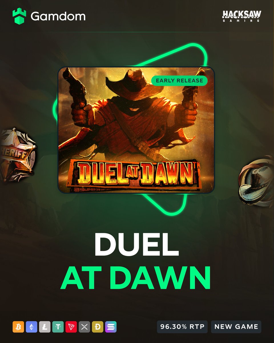 gamdom's tweet photo. 🤠 Early Access Alert: Duel At Dawn by Hacksaw Gaming! 🤠

Only the boldest make it out of this Wild West duel alive - and it’s yours to try first on Gamdom! 💪

Face off against the Outlaw for wins up to 15,000x! 🔫

-💚 + 🔁 + Tag a friend + Drop your userID for a chance at FREE spins! 🎰

🔗https://t.co/Q8BXxjJEGr