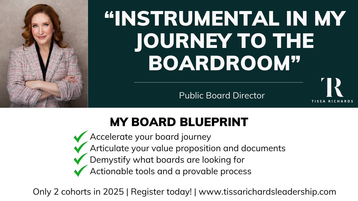 tissarichards's tweet image. Cut through the noise and get to the heart of &apos;why you&apos; - accelerate your path to the boardroom! It works. There are only two cohorts of My Board Blueprint in 2025 – register today!
myboardblueprint.com #BoardJourney #BoardDiversity #BoardPortfolio #KeynoteSpeaker