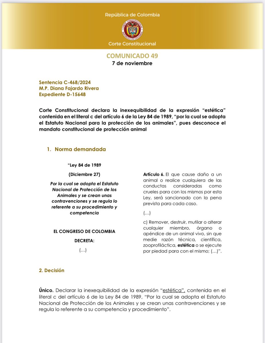 UltimaHoraCR's tweet photo. #JUDICIAL La @CConstitucional declaró que las mutilaciones o alteraciones al cuerpo de los animales por razones “estéticas” son un acto cruel y va en contravía a la protección de los animales. Ya no se podrán hacer en el país bajo este argumento “estético”. 
El Alto Tribunal declaró inconstitucional la palabra “estética” de la ley 84 de 1989. @ClaudiaCamilaV