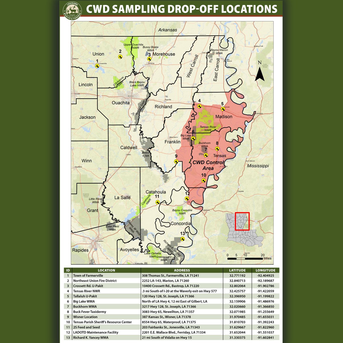 🦌 LA Hunters: CWD drop-off sites open in North Louisiana! Submit deer heads, get results and help prevent CWD spread.

📍 Locations: buff.ly/4erQEXa

❗ Reminder: Deer heads from within the CWD Control Area MUST stay within the area.

Details: buff.ly/3UQiiWV