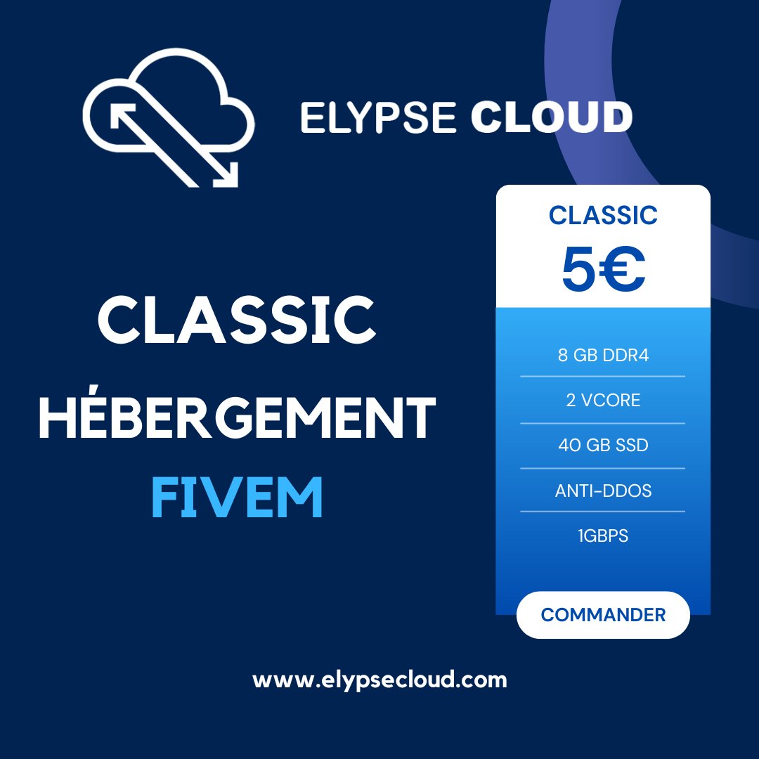 🚓 Lancez votre serveur FiveM avec l'offre Classic ! 🚓

💻 CPU : 2 vCore
📈 RAM : 8 Go DDR4
💾 Espace disque : 40 Go
🌐 Bande passante : 1 Gbps
🛡️ Protection DDoS : Incluse

Idéal pour vos projets FiveM, stable et sécurisé ! 💪

🔗 elypsecloud.com/fivem-serveur-…

 #FiveM