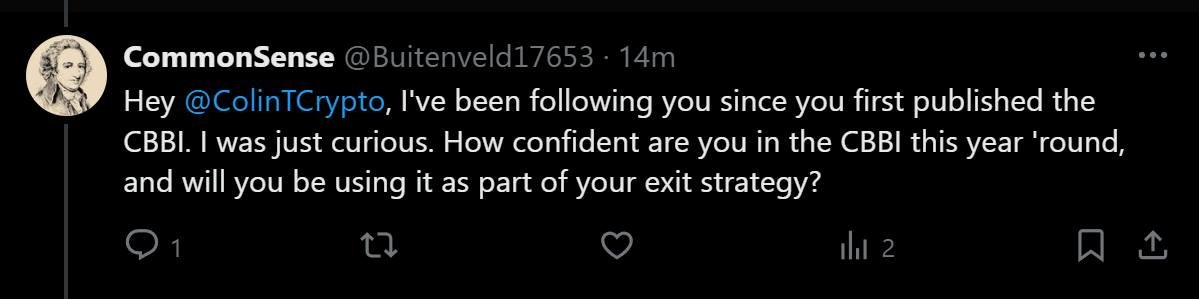 ColinTCrypto's tweet image. &amp;gt;"How confident are you in the CBBI this year 'round?"

CBBI will be a part of my analysis for sure. I will absolutely take some BTC profits if CBBI reaches 90-100, as that shows the 9 underlying metrics are clearly overheated.

How confident? Medium-level confident. I say…