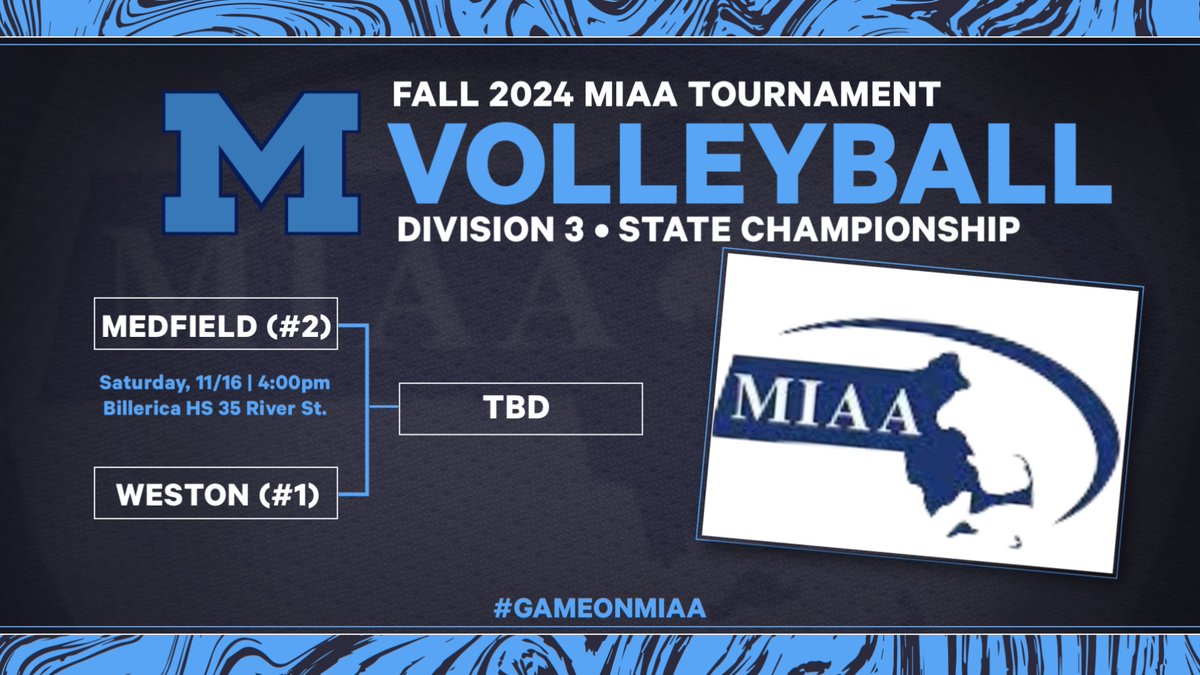 Medfield Athletics (@medfieldad) on Twitter photo D3 <a href="/MIAA033/">MIAA</a> Volleyball ๐ State Championship:
<a href="/MedGirlsVolley/">Medfield Girls Volleyball</a> (#2) vs. <a href="/WestonAthletic/">Weston Athletics</a> (#1)
๐ - Billerica HS
๐๏ธ - Saturday, 11/16
๐ - 4:00pm
๐๏ธ - Go Fan only
<a href="/coachmace/">Michael Mason</a> <a href="/TVLSportsMa/">TVL Sports Updates</a> <a href="/GlobeSchools/">Boston Globe Schools</a> <a href="/BostonHeraldHS/">Danny Ventura</a> <a href="/MassGHSVB/">Mass Girls' HS VBall</a> <a href="/BMHS_Athletics/">BMHS Athletics</a> D3 <a href="/MIAA033/">MIAA</a> Volleyball ๐ State Championship:
<a href="/MedGirlsVolley/">Medfield Girls Volleyball</a> (#2) vs. <a href="/WestonAthletic/">Weston Athletics</a> (#1)
๐ - Billerica HS
๐๏ธ - Saturday, 11/16
๐ - 4:00pm
๐๏ธ - Go Fan only
<a href="/coachmace/">Michael Mason</a> <a href="/TVLSportsMa/">TVL Sports Updates</a> <a href="/GlobeSchools/">Boston Globe Schools</a> <a href="/BostonHeraldHS/">Danny Ventura</a> <a href="/MassGHSVB/">Mass Girls' HS VBall</a> <a href="/BMHS_Athletics/">BMHS Athletics</a>